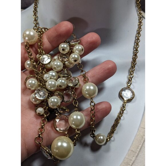 Elegant Glam Faux Pearl Cluster Gold Tone Opera Necklace - Picture 3 of 8